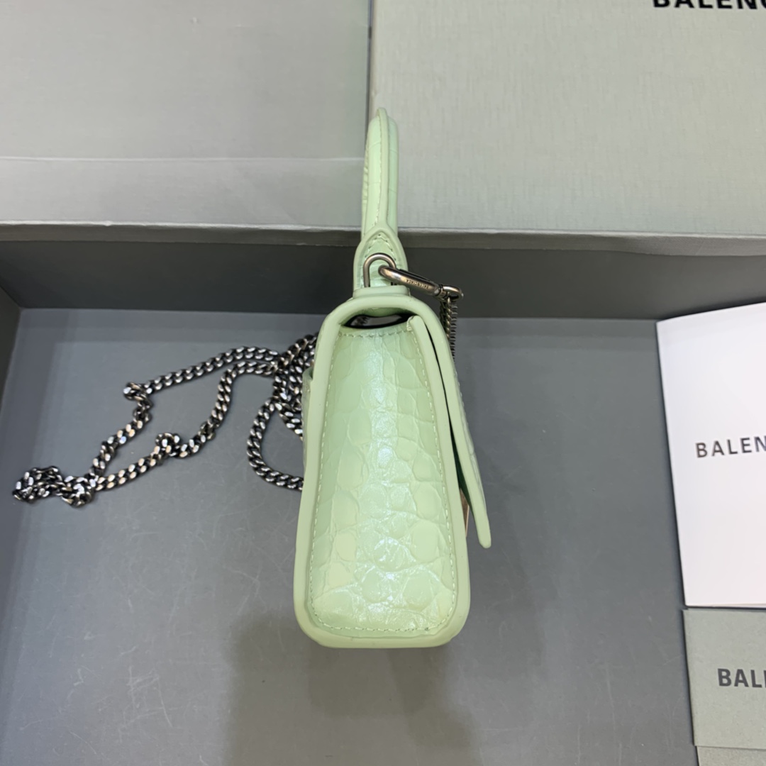 Balenciaga Hourglass Mini Handbag With Chain Crocodile Embossed Shoulder Bag Light Green